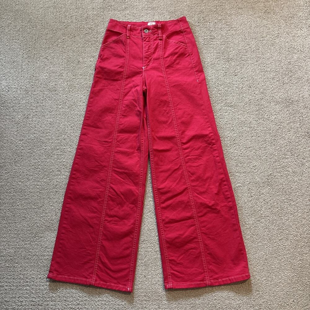 Maeve Anthropologie Seamed High Rise Wide Leg Jeans Red Contrast Stitch Sz 25